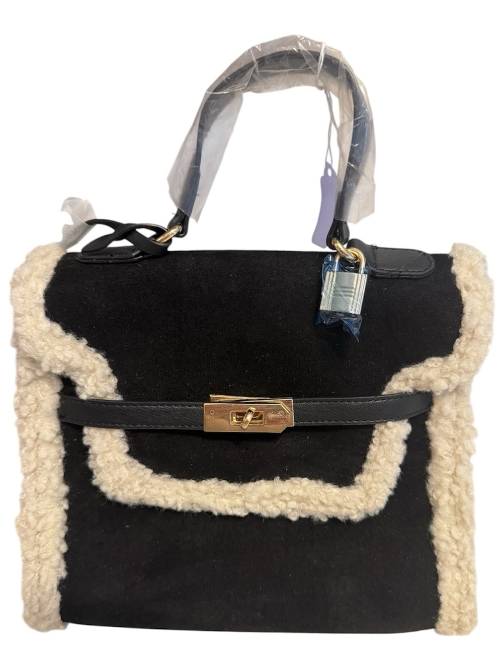 NWT Badgley Mischka Black Shearling-Trim Faux Swede Lock key Crossbody Bag